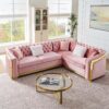 Shaped Chesterfield Sectional Sofa Set With Stainless Steel Accents Velvet Button Tufted Sofa With 5 Pillows Luxury Couch For Living Room - Pink - Image 4