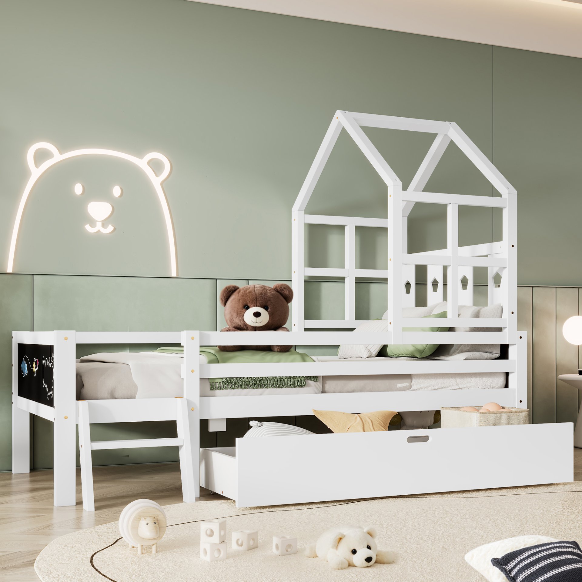 Twin Size House Bed With Ladder, Storage Drawers, And Blackboard Design - White - Image 7
