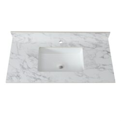 Sintered Stone Bathroom Vanity Top With Rectangular Undermount Ceramic Sink And Backsplash, Single Faucet Hole - Carrara White