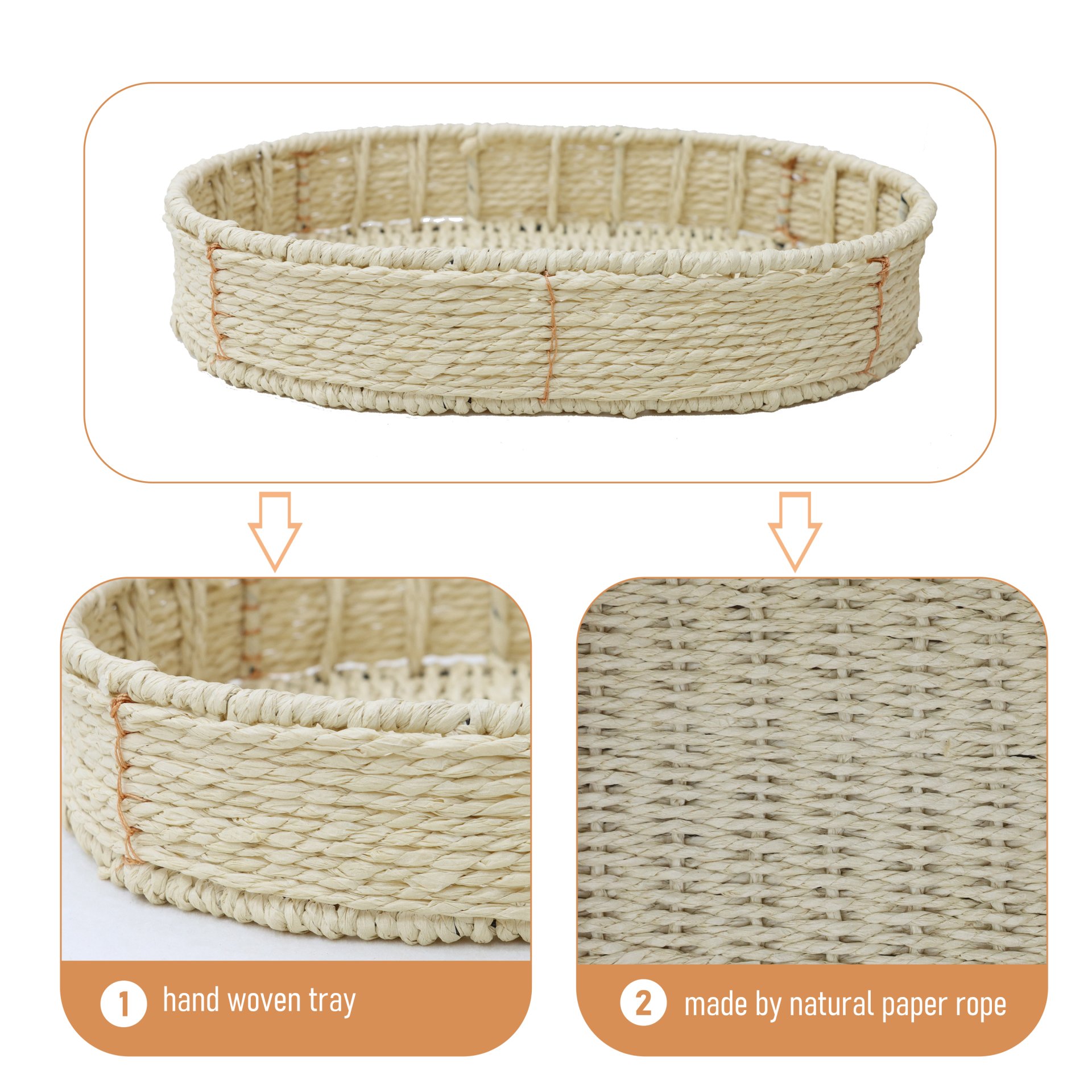 Farmhouse Style 3 Tiers Tray Tables Paper Rope Woven Side Table With Oval Storage Basket - Natural - Image 12