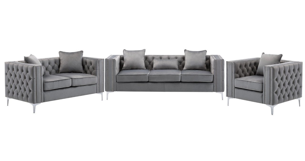Lorreto - Velvet Fabric Sofa, Loveseat, Chair Living Room (Set of 3) - Gray - Image 2