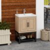 Modern Freestanding Bathroom Vanity With Ceramic Sink, Hot And Cold Faucet, 2 Door Cabinet & Open Iron Shelf, Magnesium Oxide And Iron Frame - Natural - Image 4