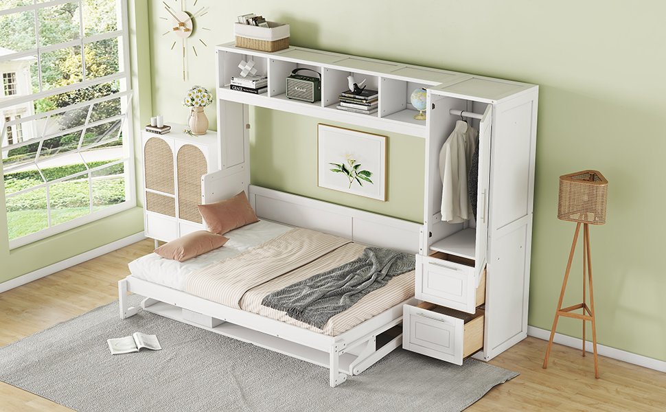Full Size Murphy Wall Bed With Closet And Drawers - White - Image 16
