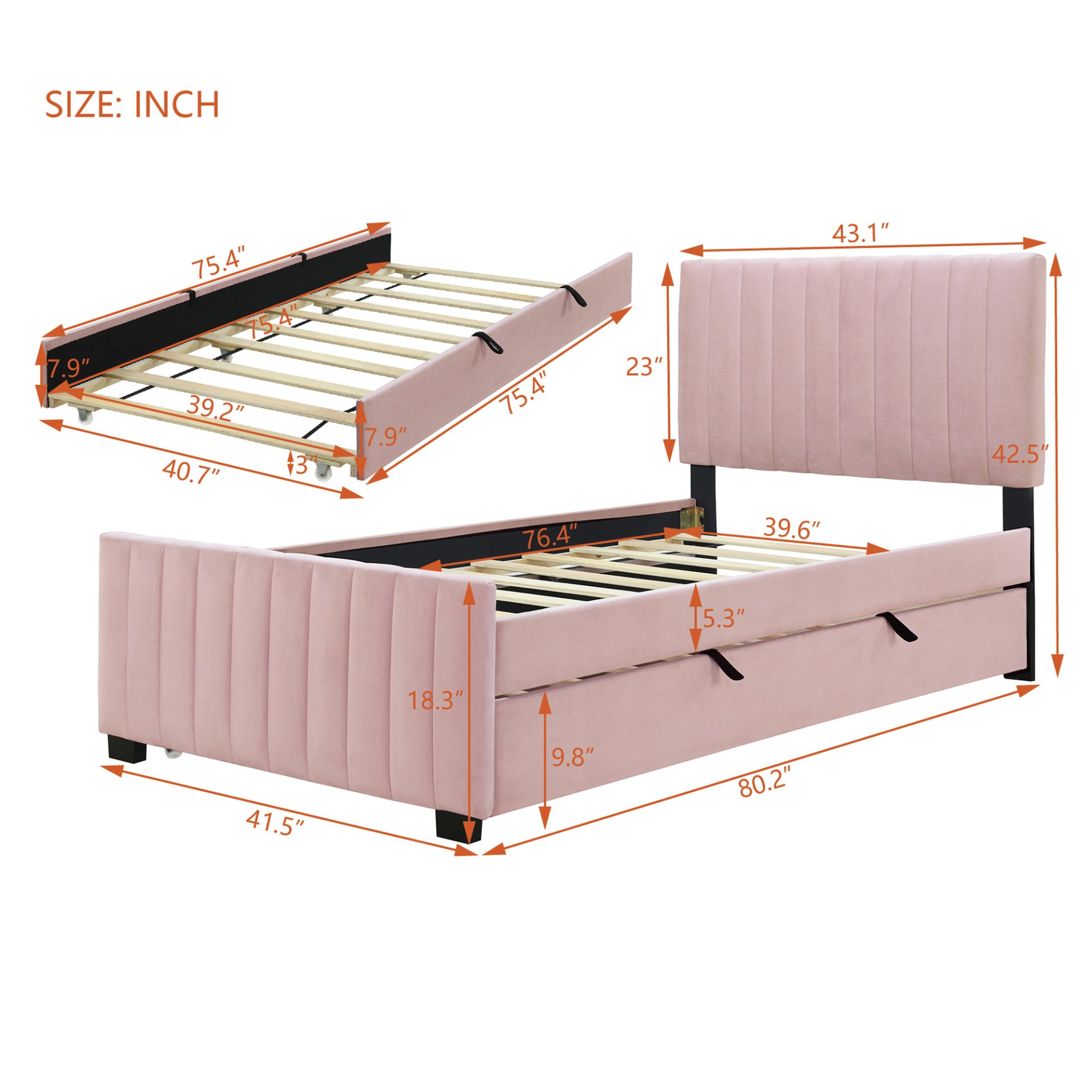 Twin Size Upholstered Platform Bed With Twin Size Trundle - Pink - Image 7