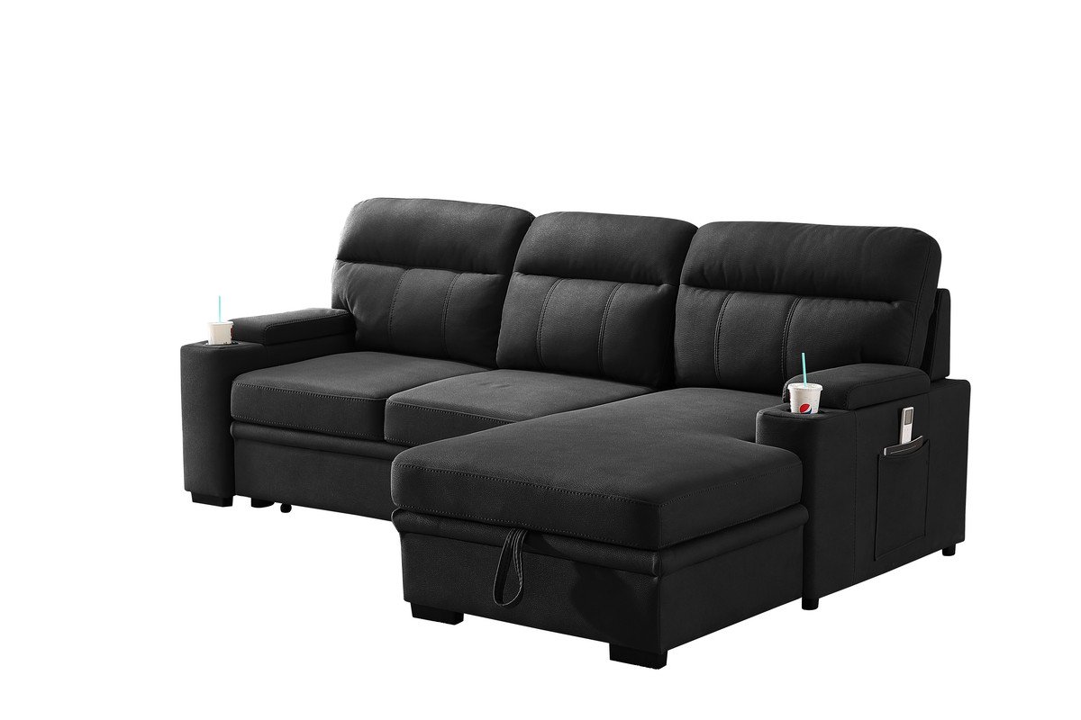 Kaden - Sleeper Sectional Sofa Chaise With Storage Arms And Cupholder - Black - Image 2