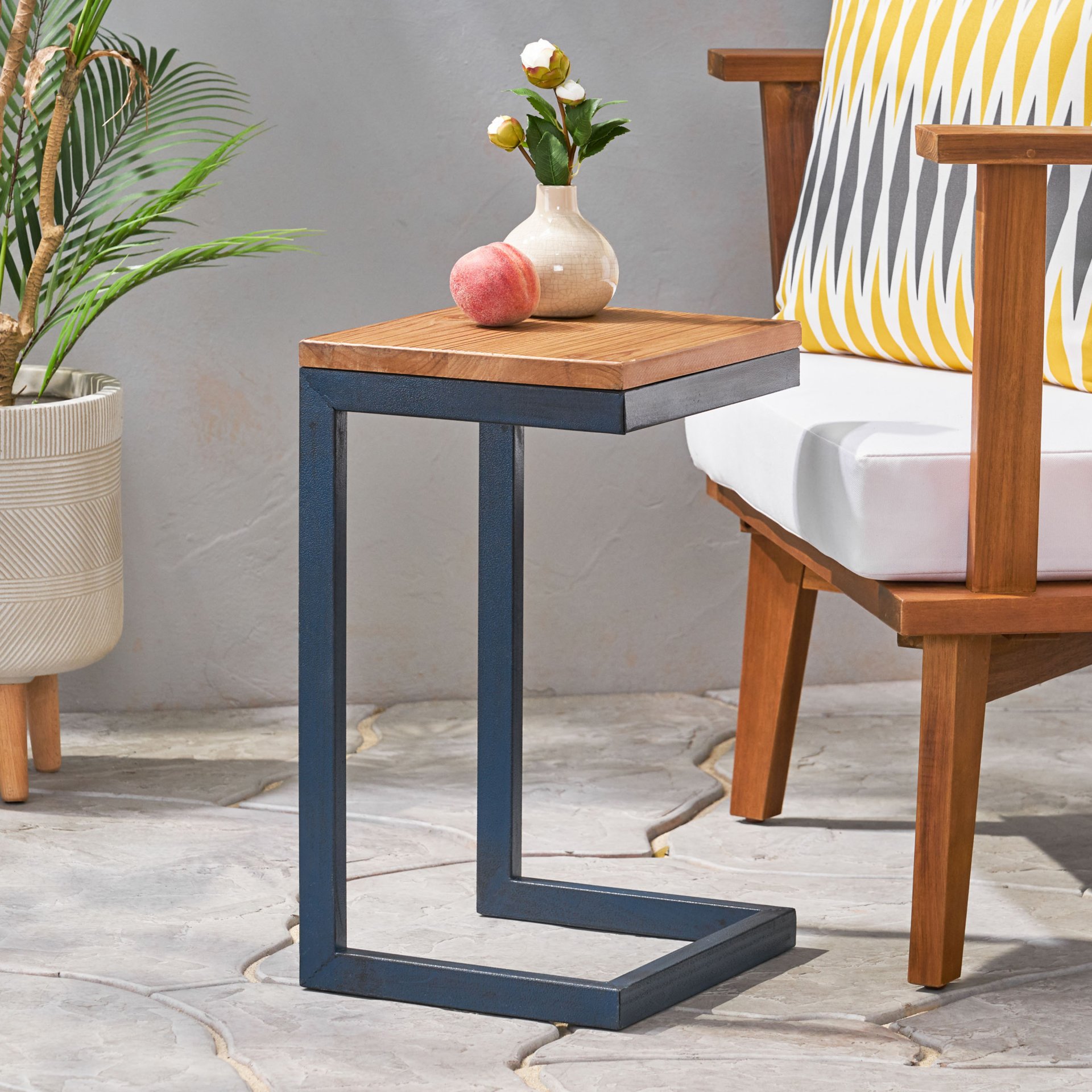 Small C Shaped End Table With Iron Base And Fir Wood Top - Black - Image 8