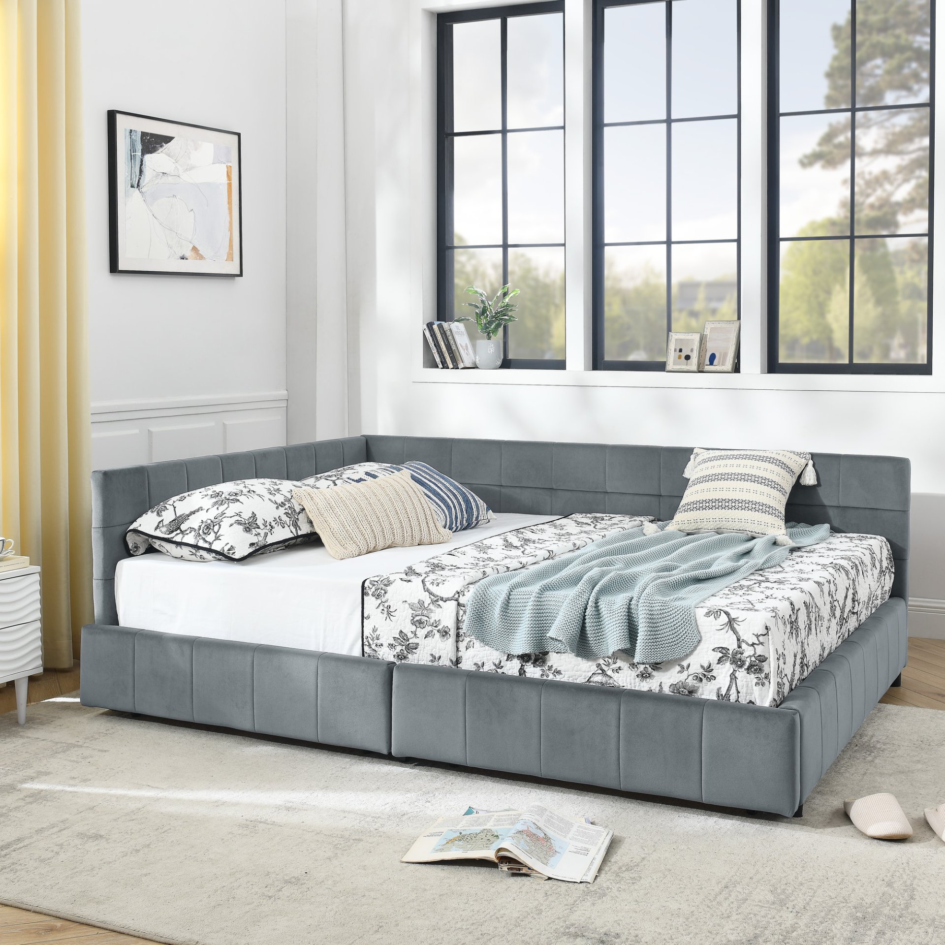 Mid Century Velvet Queen Size Upholstered Tufted Bed Frame With Storage - Gray - Image 7