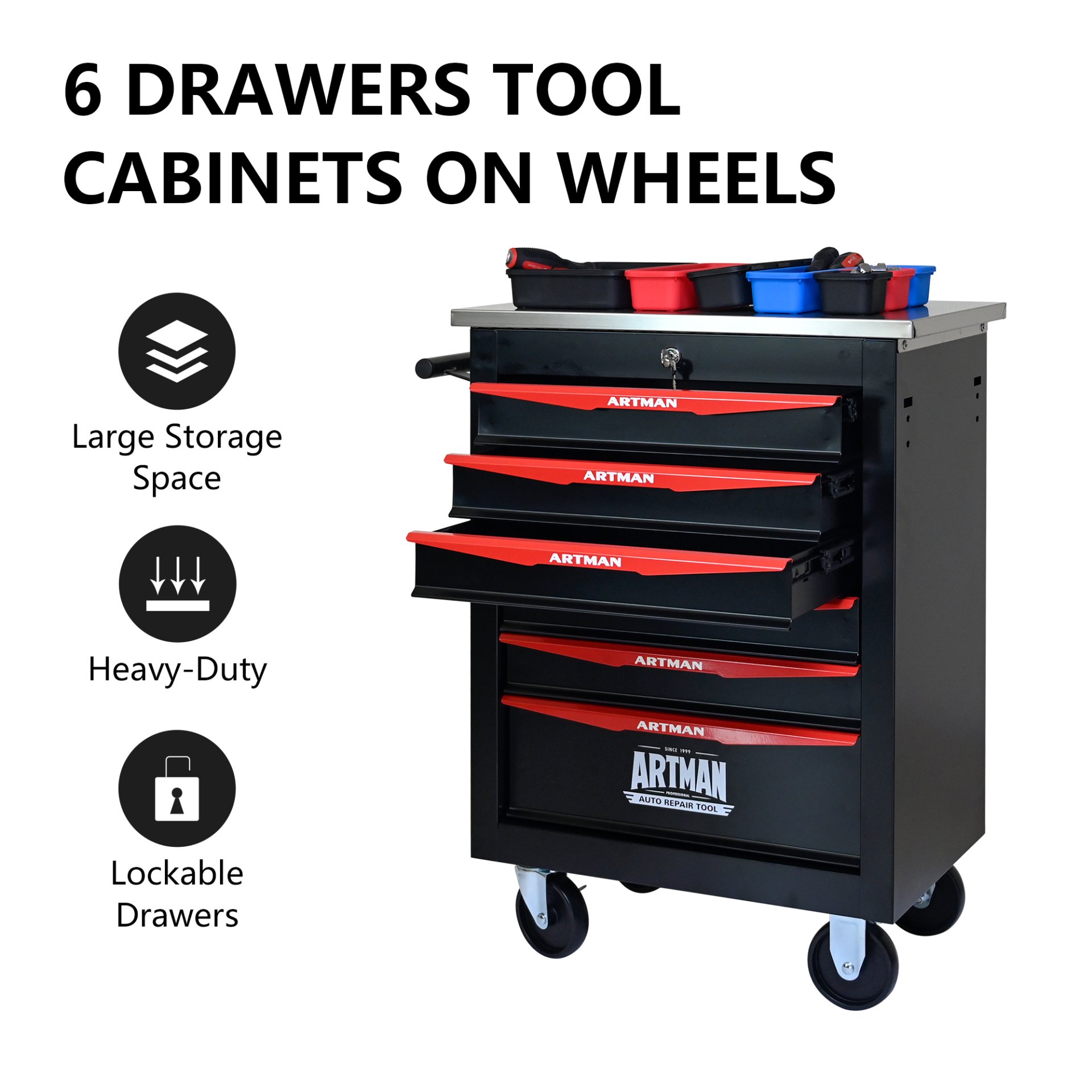 6 Drawer Multifunctional Tool Cart With Wheels, Metal Rolling Tool Cart Storage For Garage Workshop Warehouse Repair Shop With Stainless Steel Roof - Black / Red - Image 4