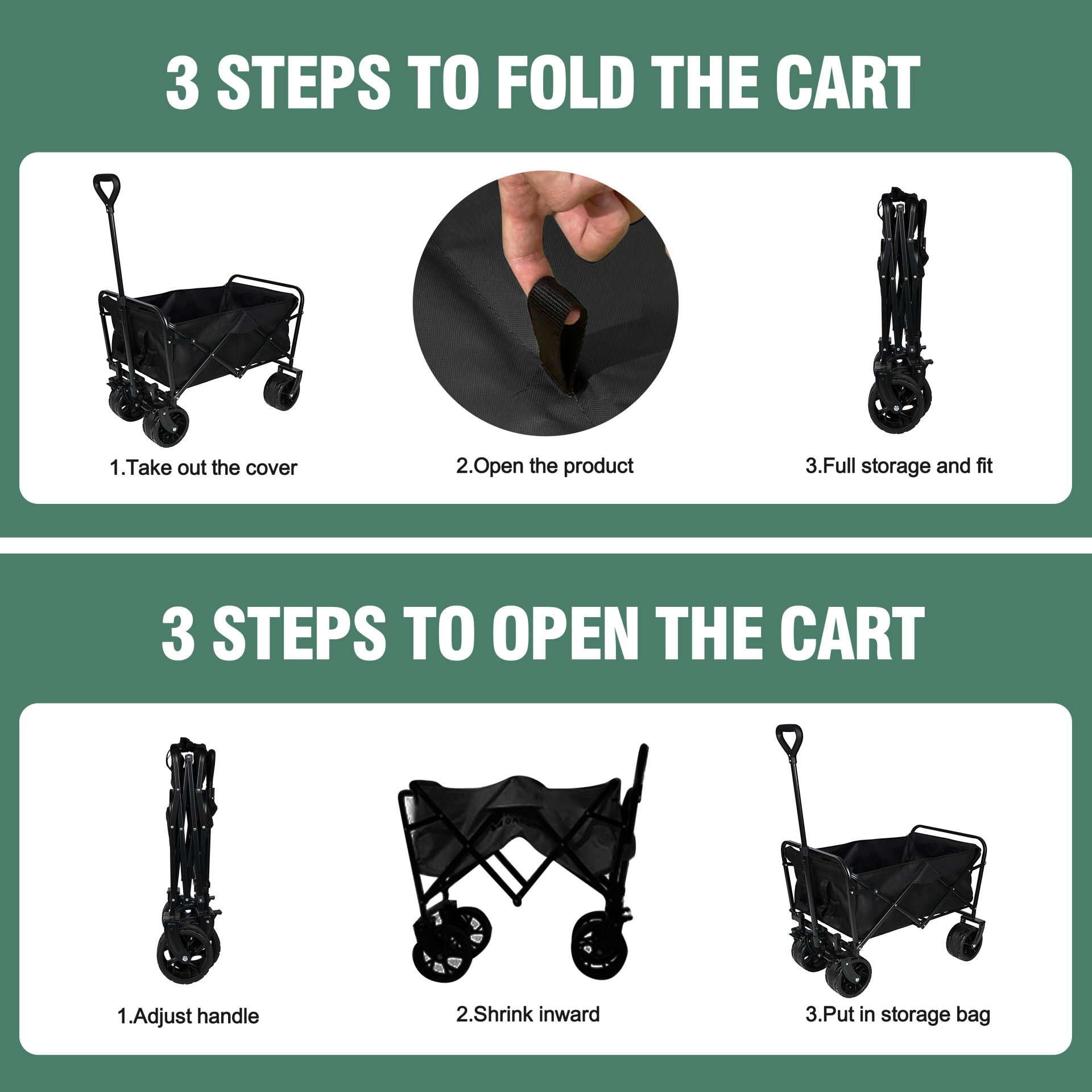 100L Collapsible Folding Beach Wagon Cart With 220Lbs Large Capacity, Wagons Carts Heavy Duty Foldable With Big Wheels For Sand, Garden, Camping - Black - Image 9