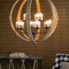 9 Light Globe Chandelier, Wood Chandelier Hanging Light Fixture With Adjustable Chain For Kitchen, Bulb Not Included - Brown - Image 6