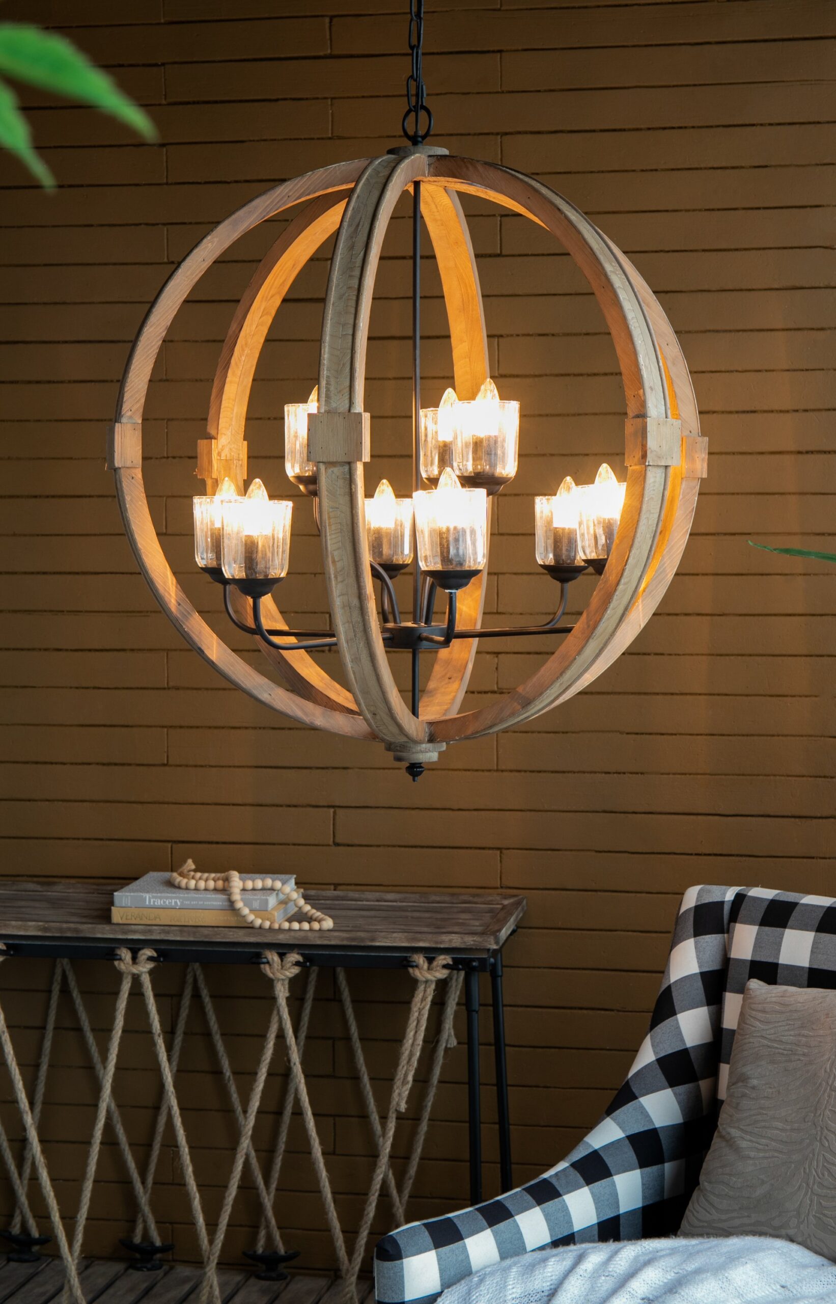 9 Light Globe Chandelier, Wood Chandelier Hanging Light Fixture With Adjustable Chain For Kitchen, Bulb Not Included - Brown - Image 6