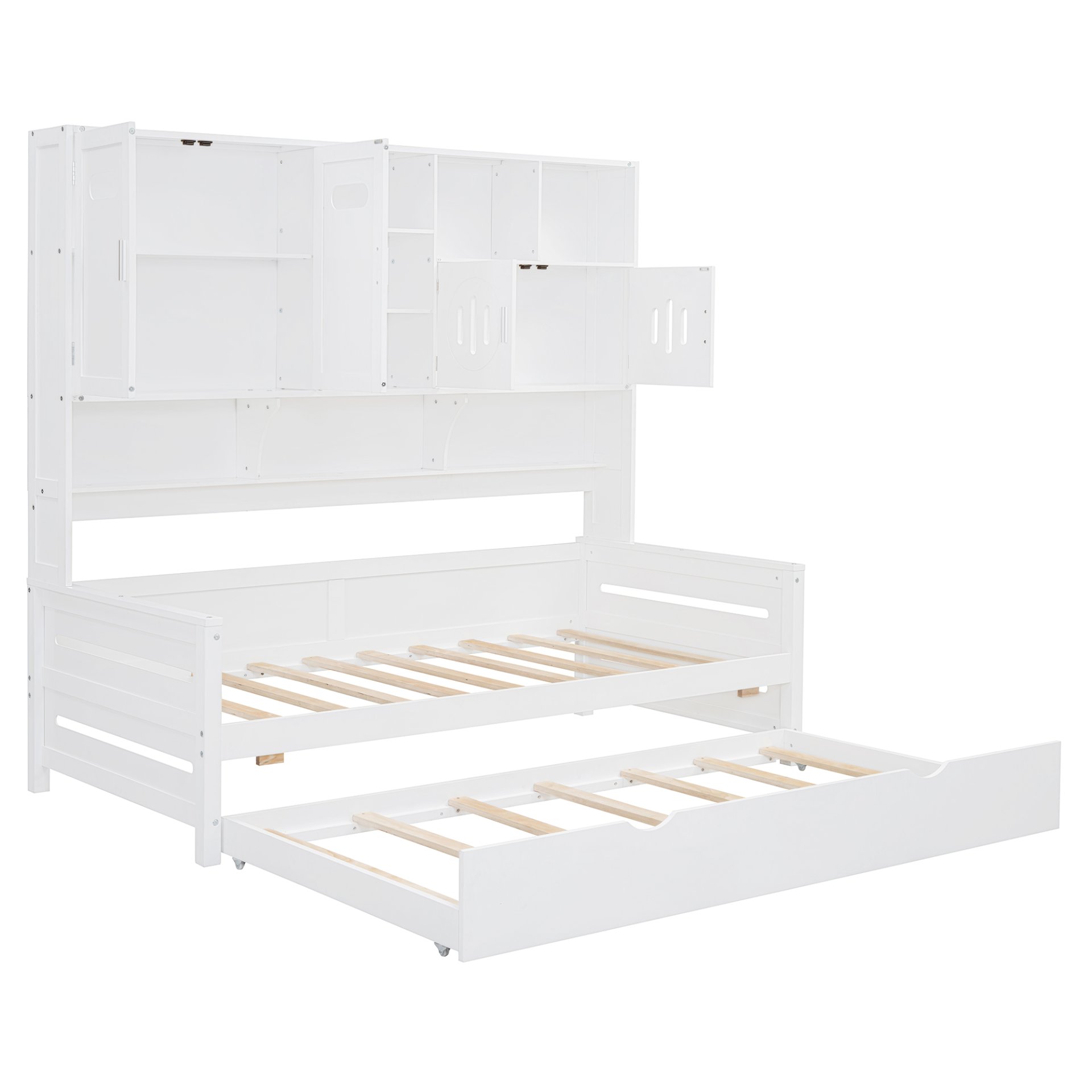 Twin Size Wooden Daybed With Twin Size Trundle, And All In One Cabinet And Shelf - White - Image 11