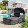Outdoor Sunbed With Adjustable Canopy, Double Lounge, PE Rattan Daybed Wicker And Cushion - Gray - Image 2