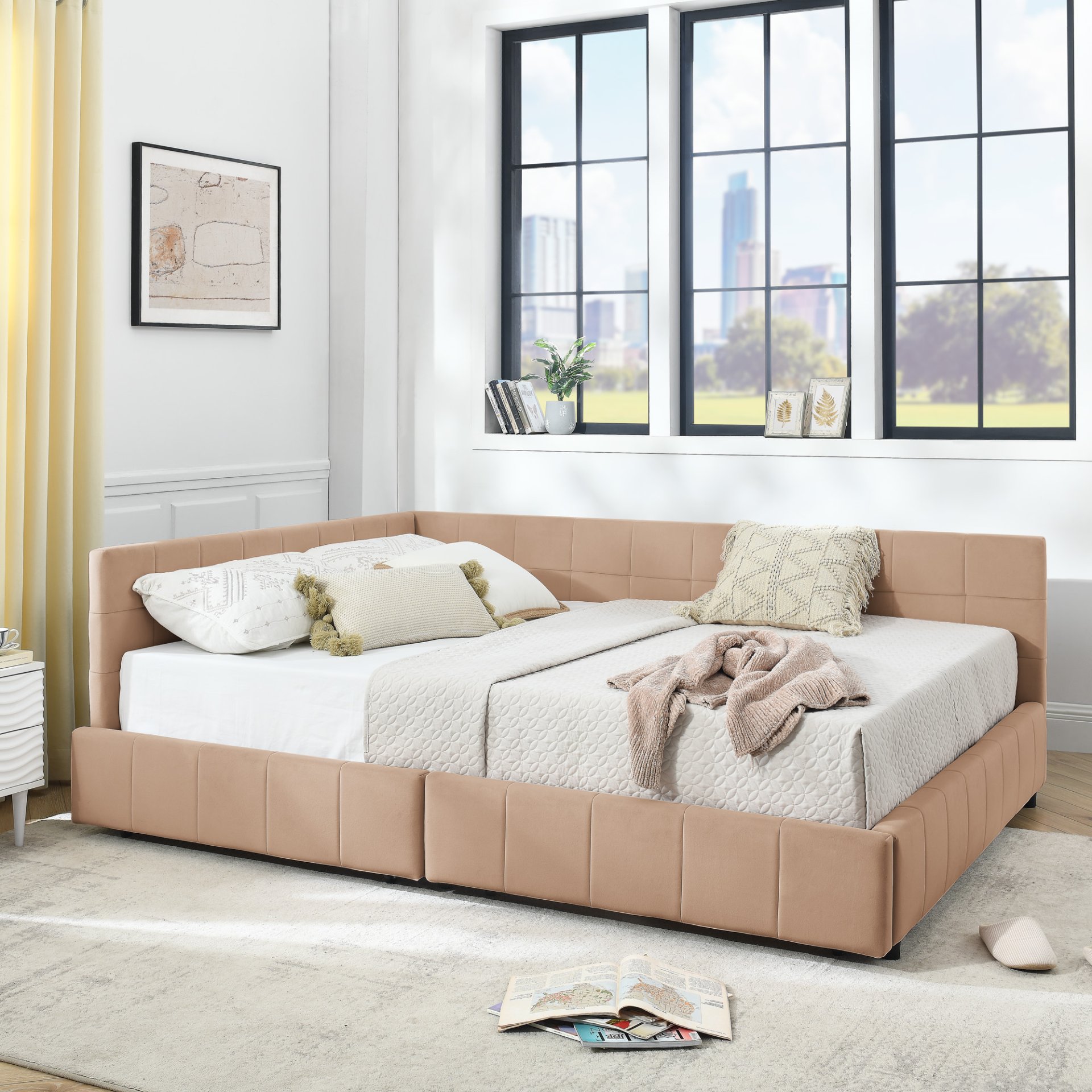 Mid Century Velvet Upholstered Tufted Queen Storage Bed Frame With Backrest And Armrests - Pink - Image 6