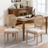 French Style Solid Wood Frame Antique Painting Linen Fabric Rattan Back Dining Chair (Set of 2) - Cream / Beige - Image 11