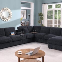 Celine - Chenille Fabric Corner Sectional Sofa With Right Facing Chaise, Cupholders, And Charging Ports - Dark Gray