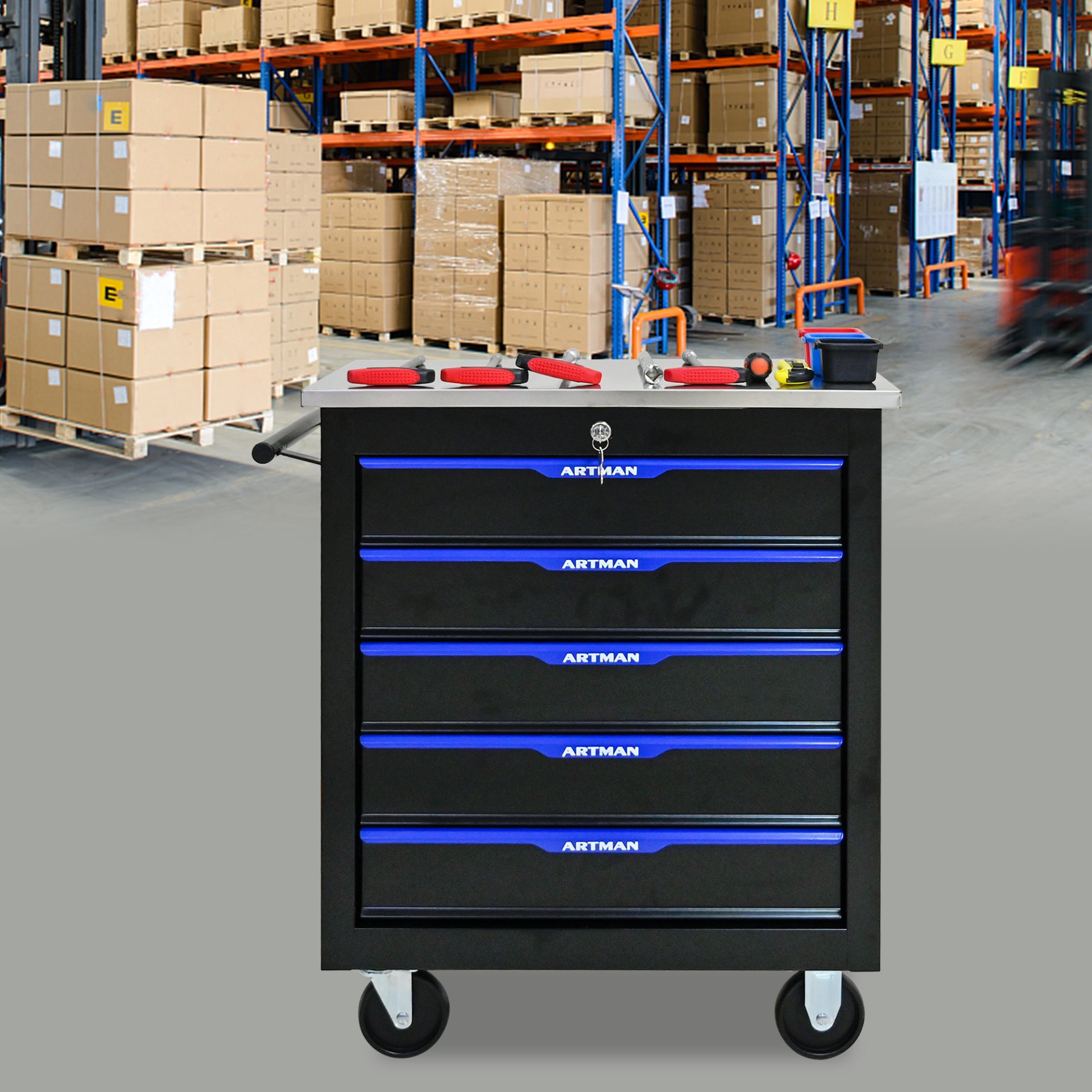5 Drawer Multifunctional Tool Cart With Wheels - Black / Blue - Image 12