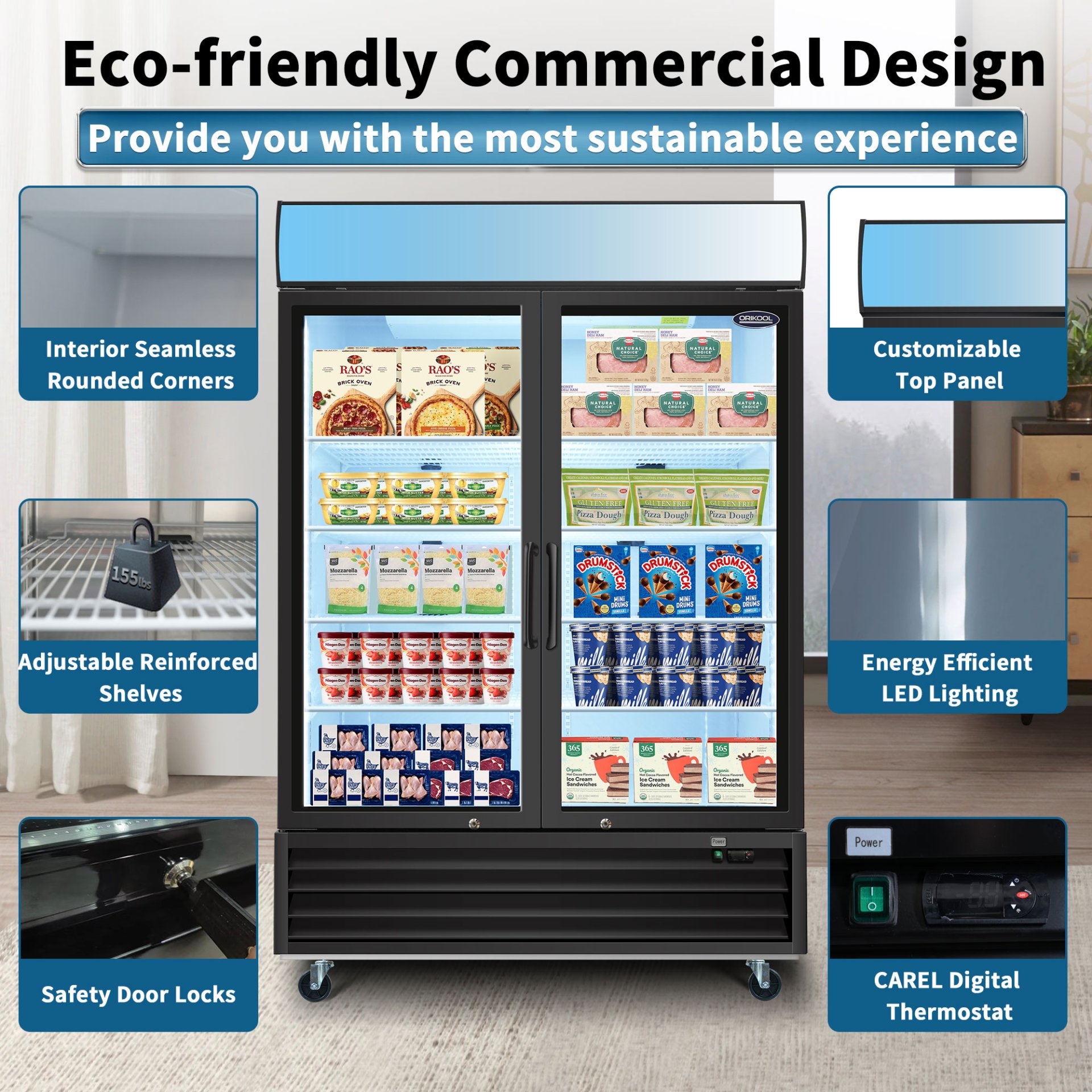 Glass Door Merchandiser Freezer 44.7 Cu.Ft Swing Door Commercial Reach-In Display Freezers With LED Top Panel Upright Freeze Storage - Black - Image 5