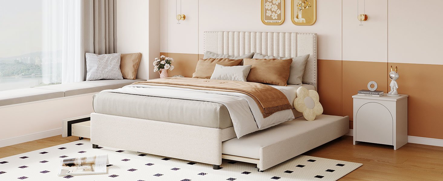 Full Size Upholstered Platform Bed With 2 Drawers And 1 Twin Size Trundle, Classic Headboard Design - Beige - Image 16