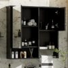 Modern Wall Mounted Bathroom Medicine Cabinet, Bathroom Wall Storage Cabinet With Mirror, Over The Toilet Space Saver Cabinet With Towels Bar - Black - Image 19
