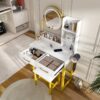 Modern Makeup Vanity Table With LED Lights, Power Outlet, And Metal Chair - White - Image 6