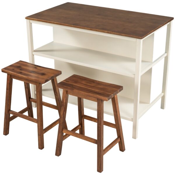 Solid Wood Rustic 3 Piece Stationary Kitchen Island Set With 2 Seatings, Rubber Wood Butcher Block Dining Table Set Prep Table Set With 2 Open Shelves For Small Places - Walnut / Cream White
