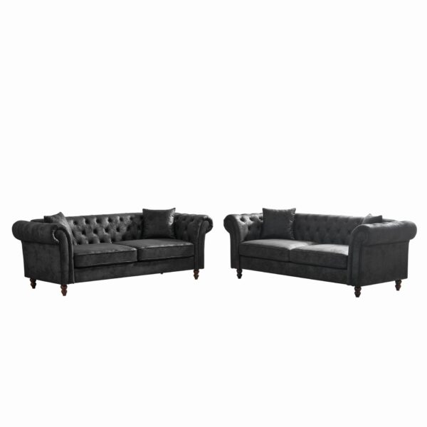 Chesterfield 3 And 3 Seater Sofa Set With Roll Armrest - Black