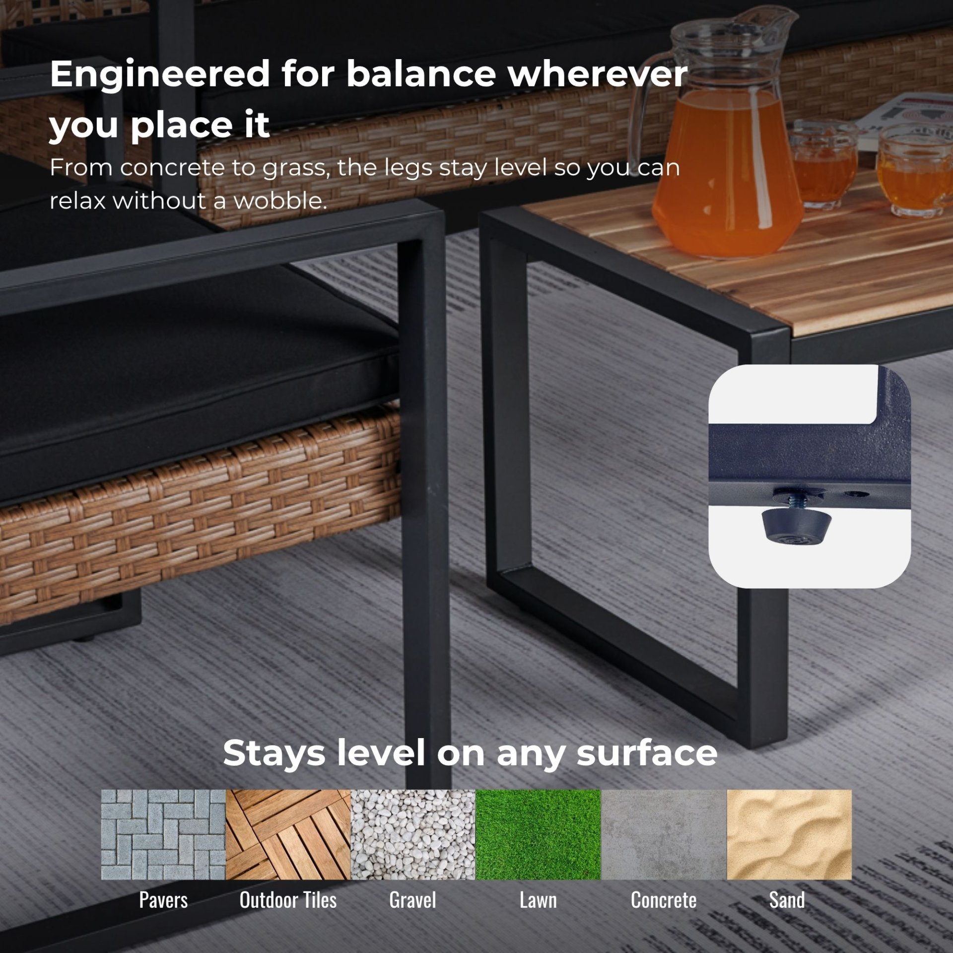 4 Piece Patio Furniture Set Outdoor Balcony Porch Garden Backyard Lawn Furniture Acacia Wood Table Top, Morden - Black And Light Brown - Image 8