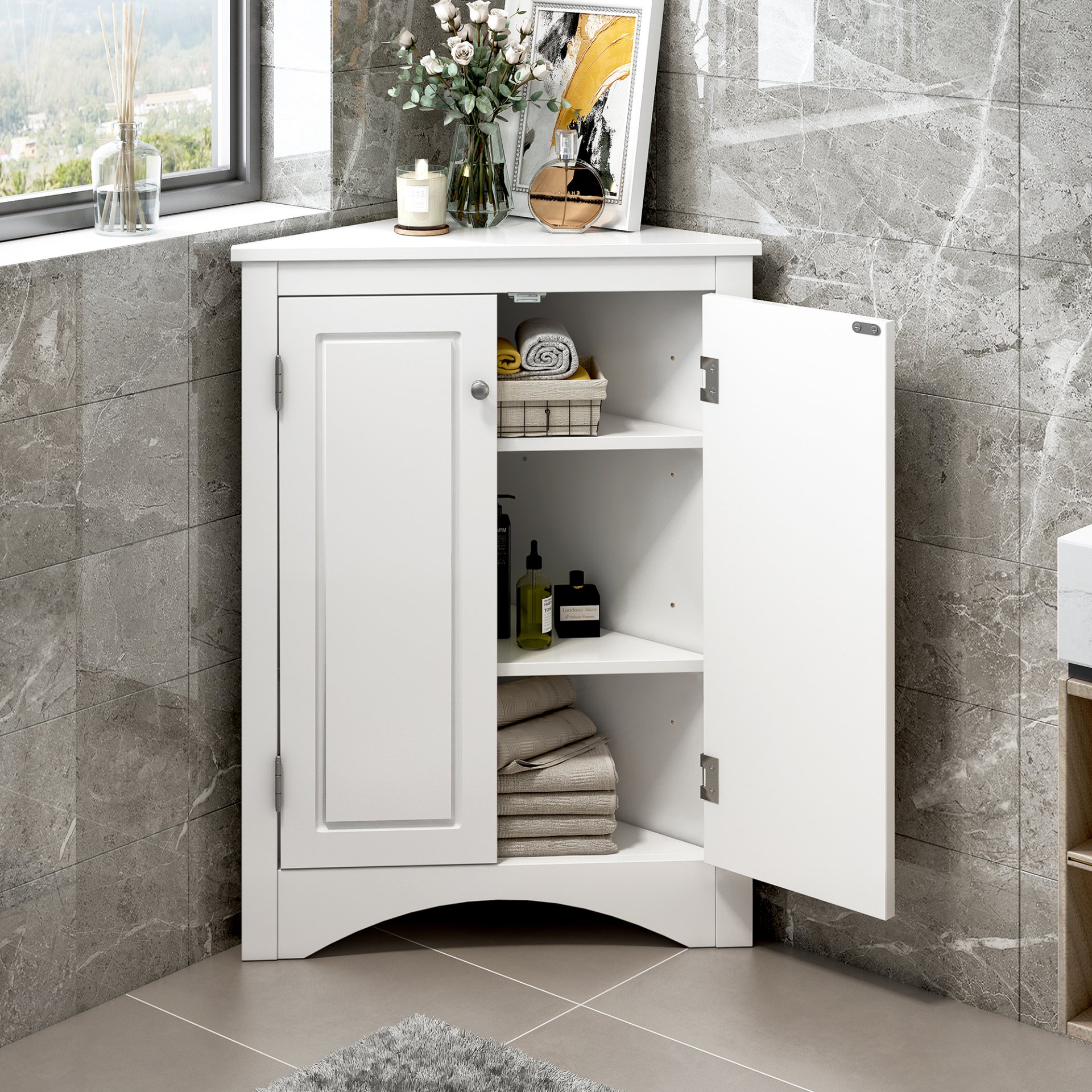 Triangle Bathroom Storage Cabinet With Adjustable Shelves, Freestanding Floor Cabinet For Home Kitchen - White - Image 6