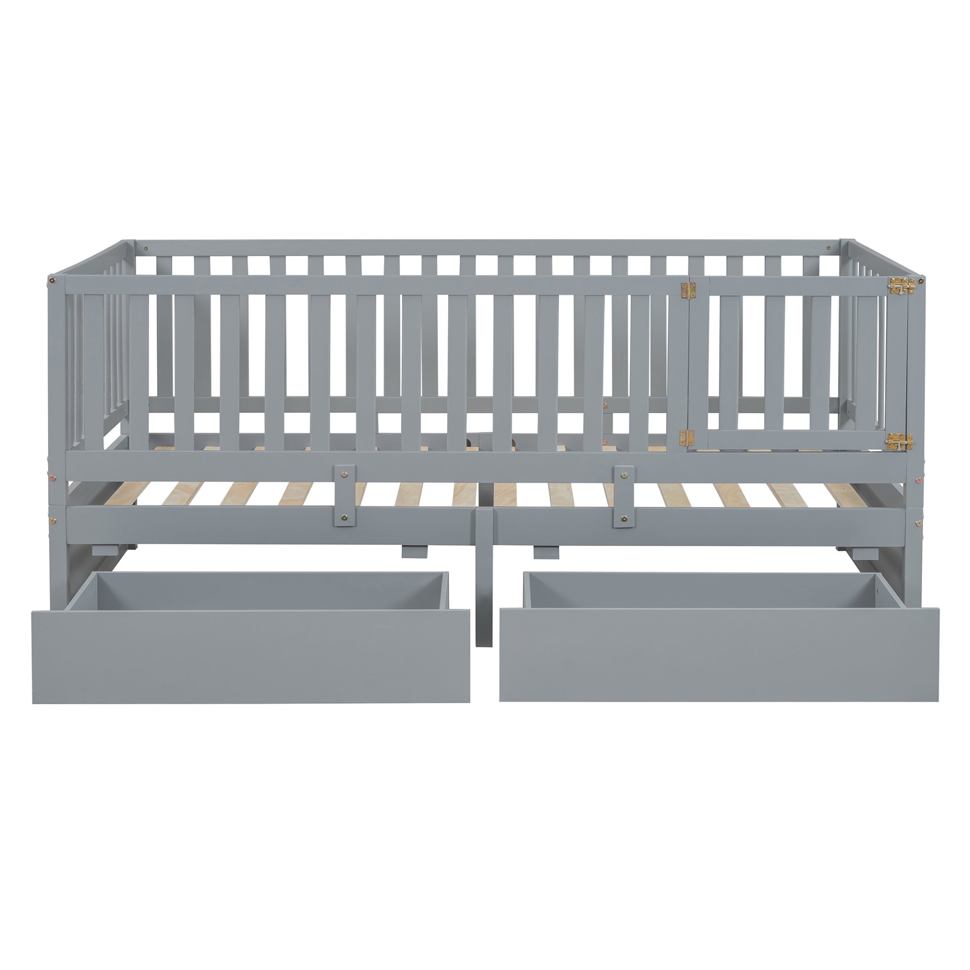 Twin Size Daybed With Fence Guardrails And 2 Drawers, Split Into Independent Floor Bed & Daybed - Gray - Image 7