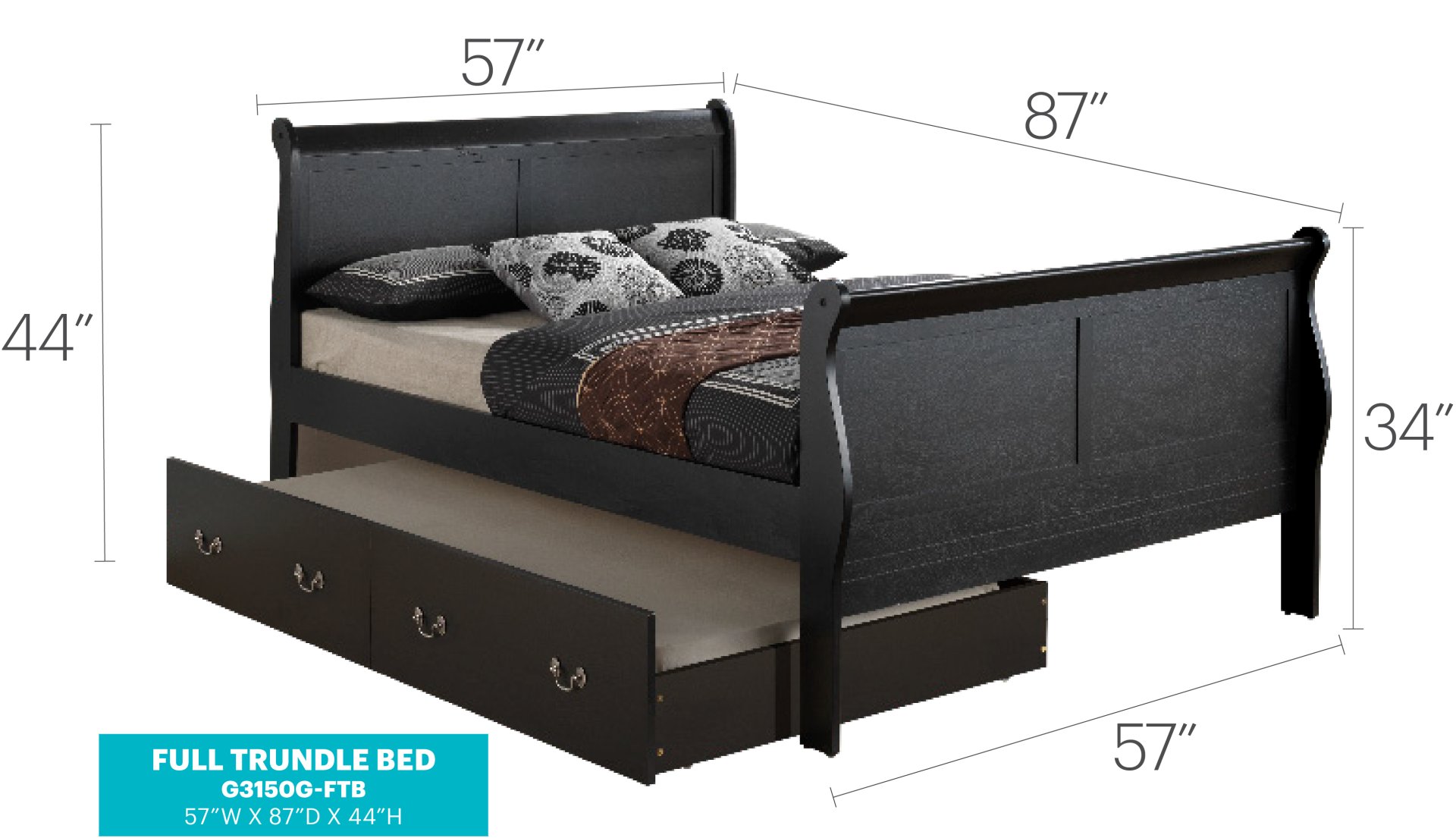 Full Trundle Bed With Storage Classic - Black - Image 3
