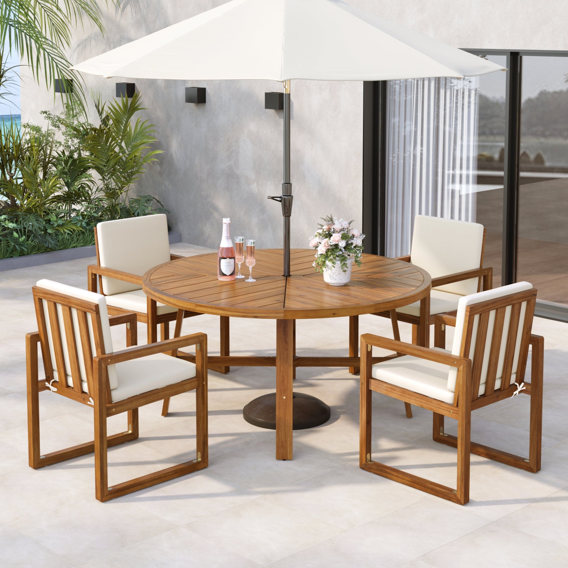 5 Piece Outdoor Patio Dining Set With 4 Armchairs And Table - Beige - Image 2