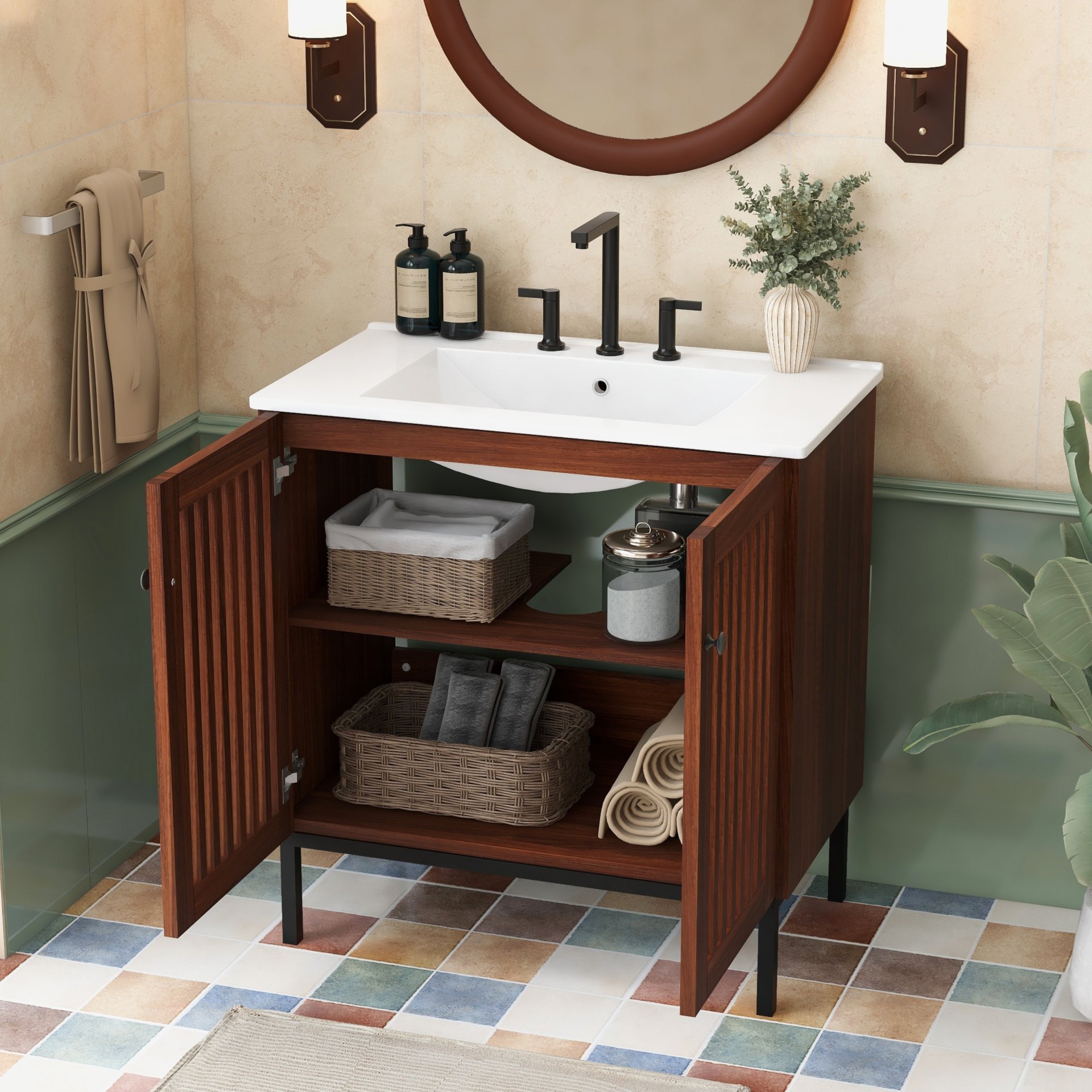 30" Vintage Bathroom Vanity With Ceramic Sink, Modern Bathroom Vanity Cabinet With 2 Soft Close Doors, Equpiied With 4 Sturdy Iron Legs - Antique Dark Brown - Image 10