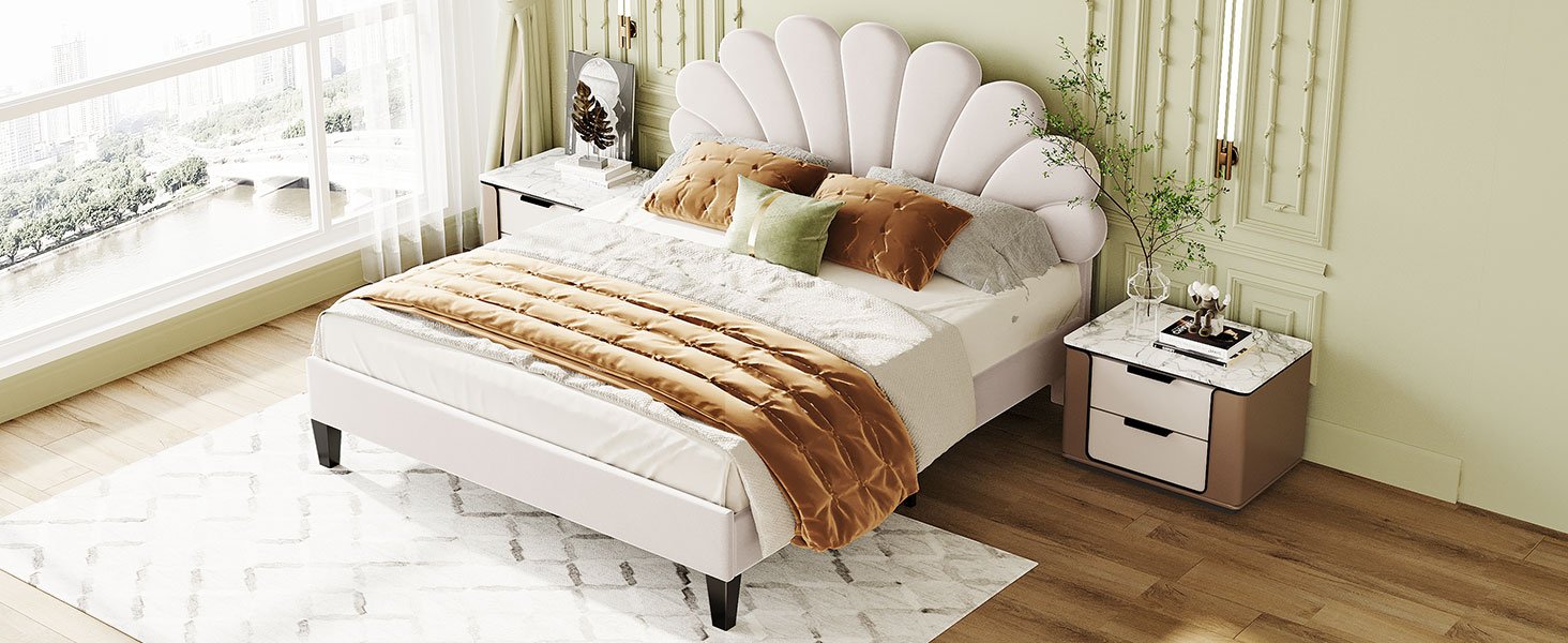 Queen Size Upholstered Platform Bed With Flower Pattern Headboard - Beige - Image 14