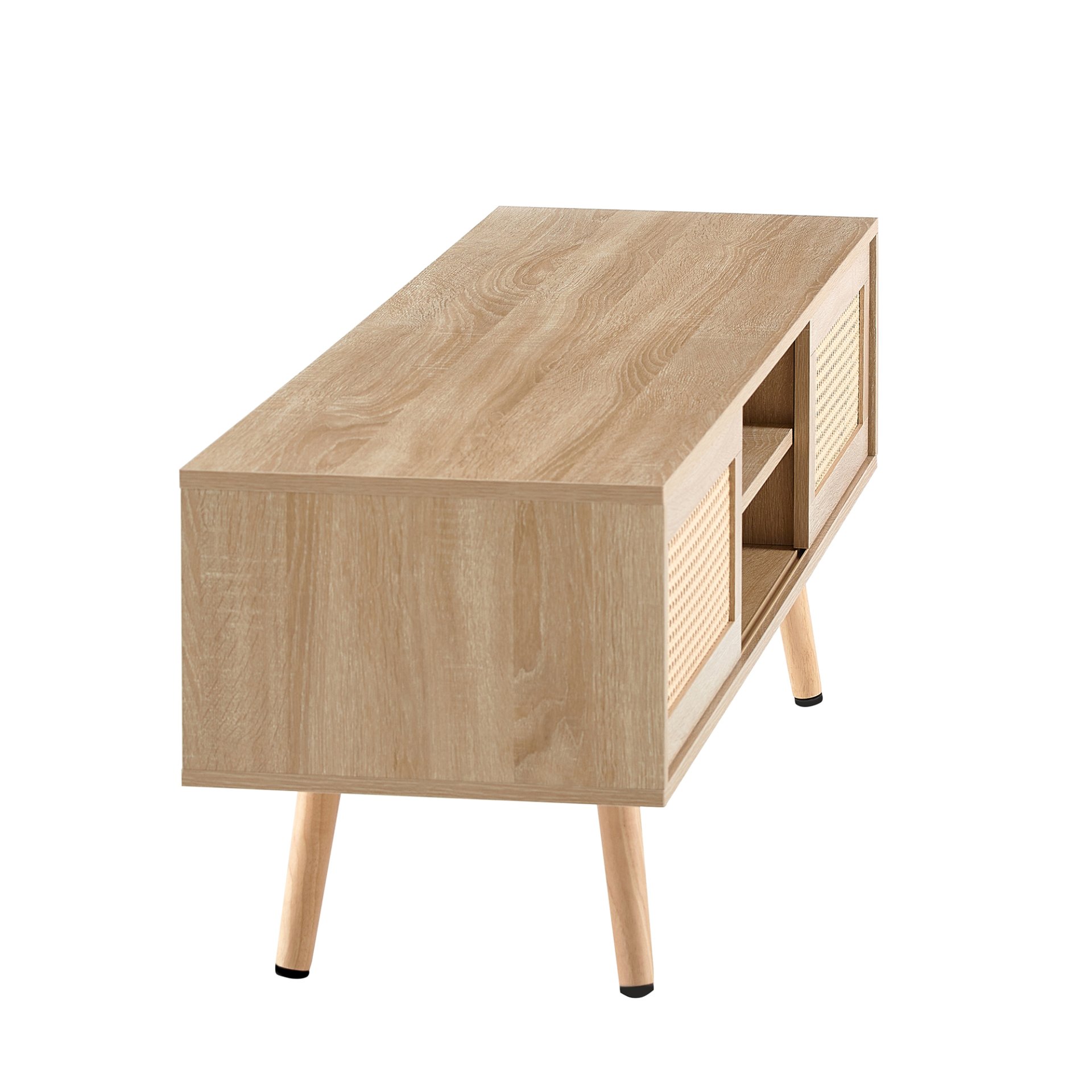 55.12" Rattan TV Cabinet, Double Sliding Doors For Storage, Adjustable Shelf, Solid Wood Legs, TV Console For Living Room - Natural - Image 9