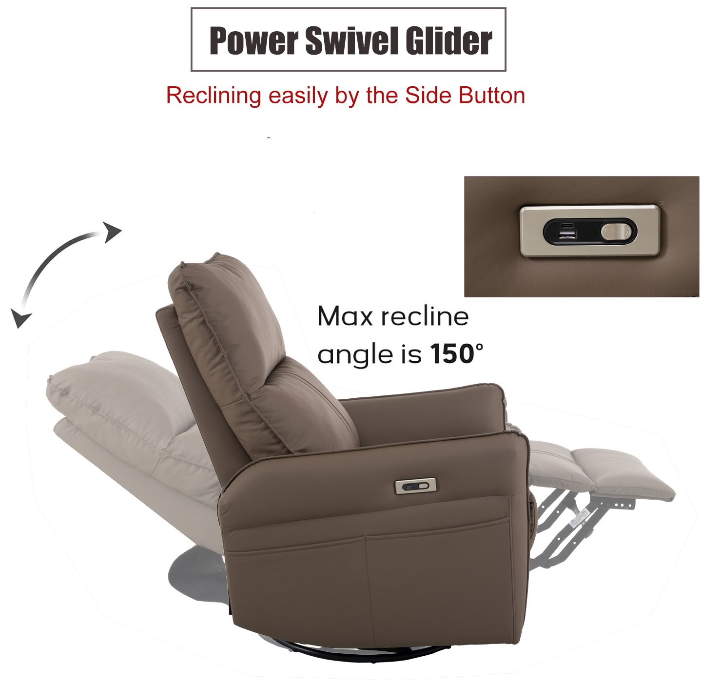29.92" 270 Power Swivel Rocker Recliner Chair, Electric Glider Reclining Sofa With USB Ports, Power Swivel Glider, Rocking Chair Nursery Recliners For Living Room Bedroom - Brown - Image 4