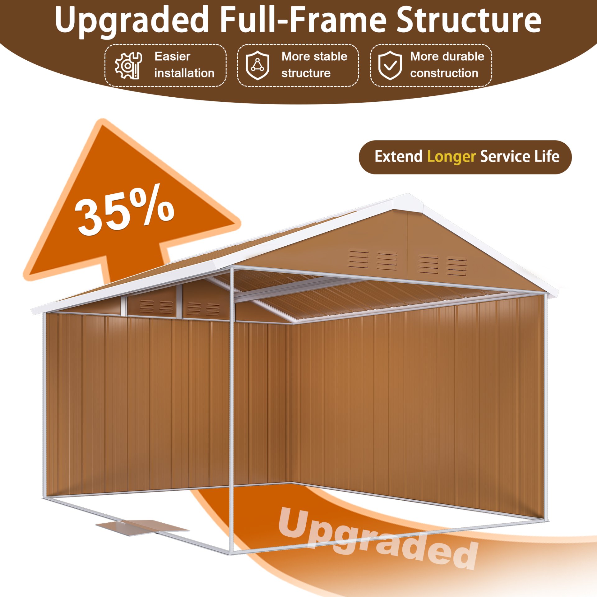 Heavy Duty Storage Shed, Windows, Lockable Door & Ventilation - Brown - Image 9