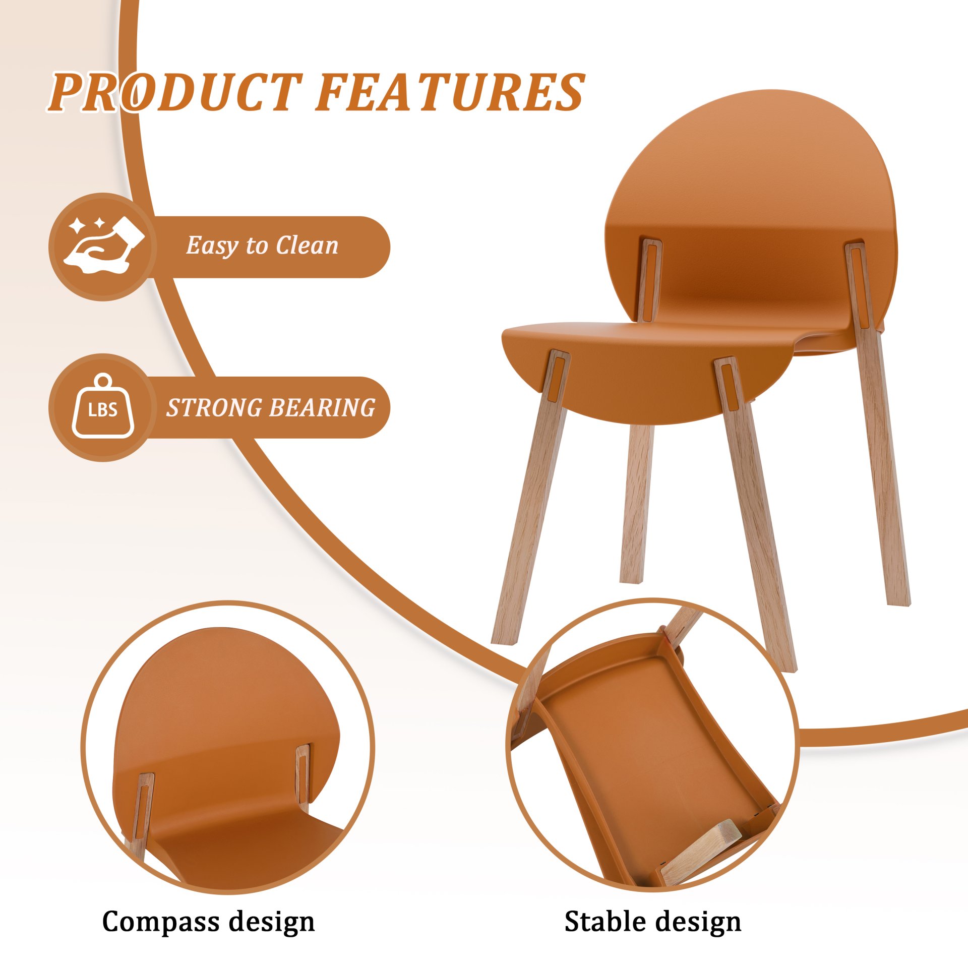 4 Piece Set Of Single Chairs With A Design Combining Modern And Traditional Elements, Durable And Comfortable - Tropical Orange - Image 5