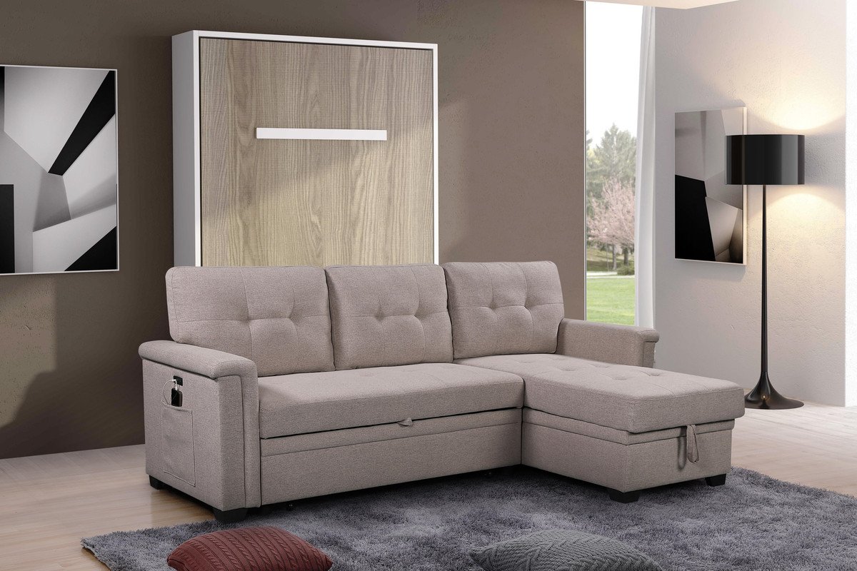 Ashlyn - Reversible Sleeper Sectional Sofa With Storage Chaise, USB Charging Ports And Pocket - Light Gray - Image 2