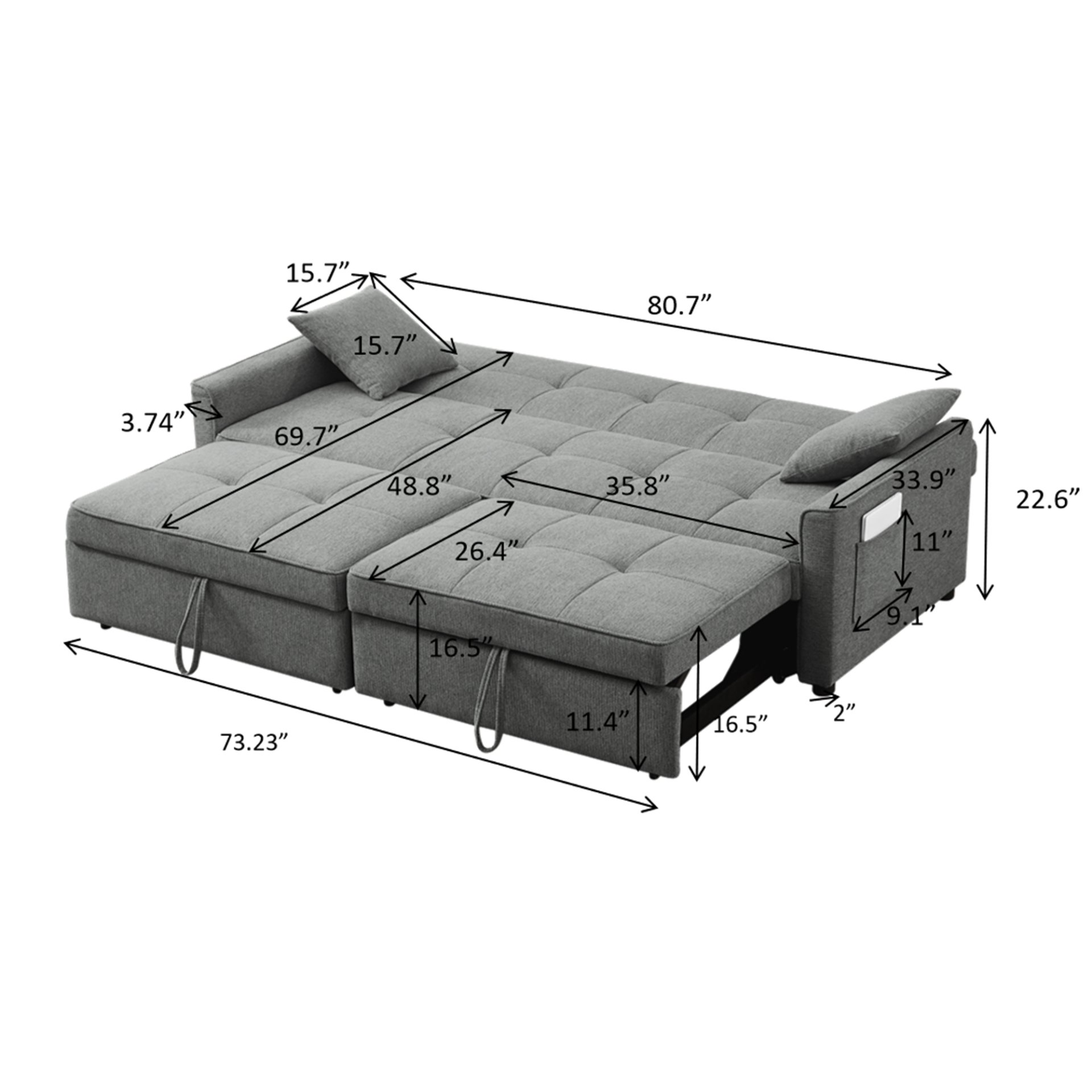 3 In 1 Convertible Sleeper Sofa Bed, Modern Fabric Loveseat Futon Sofa Couch Pullout Bed, Small Love Seat Lounge Sofa Reclining Backrest, Pillows, Pockets, Home Furniture For Living Room - Gray - Image 14