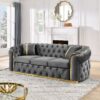 Velvet Button Tufted Sofa Couch With 2 Pillows 3 Seater Luxury Chesterfield Sofa Set With Stainless Steel Accents For Living Room - Gray - Image 5