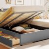 Queen & Twin Long Size Upholstered Platform Bed, Mother & Child Bed With Hydraulic Storage System, Drawer Box, Bedhead Storage Shelf And 2 Pairs Of Sockets & USB Ports - Gray - Image 20