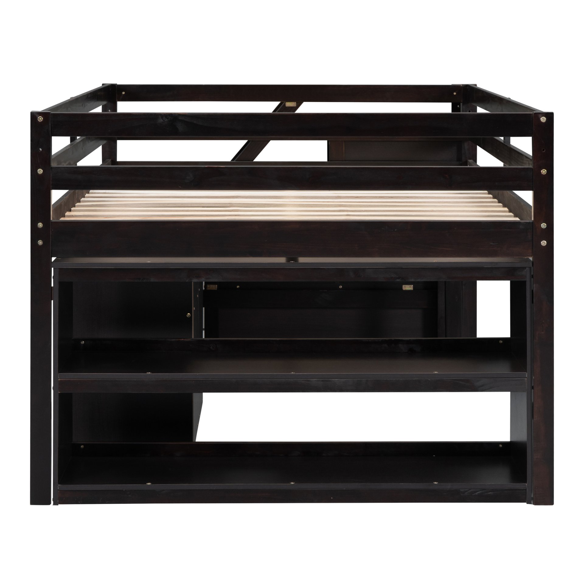 Full Size Loft Bed With Retractable Writing Desk And 3 Drawers With Storage Stairs And Shelves - Espresso - Image 10