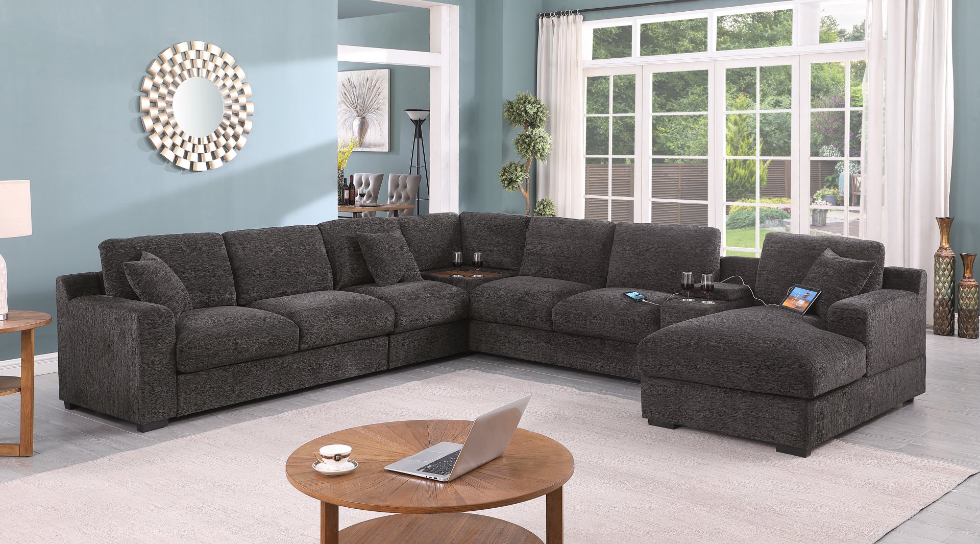 Celine - Chenille Fabric Corner Sectional Sofa With Right Facing Chaise, Cupholders, And Charging Ports - Gray - Image 6
