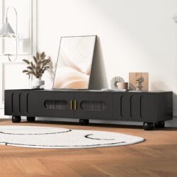 Modern TV Stand For TVs Up To 80", Entertainment Center With Glass Door, TV Storage Cabinet With Solid Wood Legs And Metal Handles For Living Room - Black