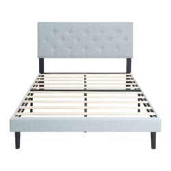 Modern Twin Size Upholstered Platform Bed Frame With Button Tufted Linen Fabric Headboard - Light Gray