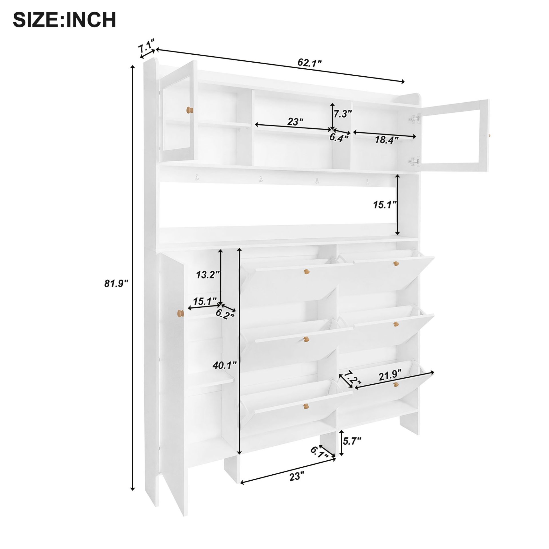Multifunctional Tipping Bucket Shoe Cabinet With Storage Shelf & 6 Flip Drawers, Large Hall Tree With Tempered Glass Doors, Foyer Cabinet With 4 Hooks For Hallway - White - Image 3