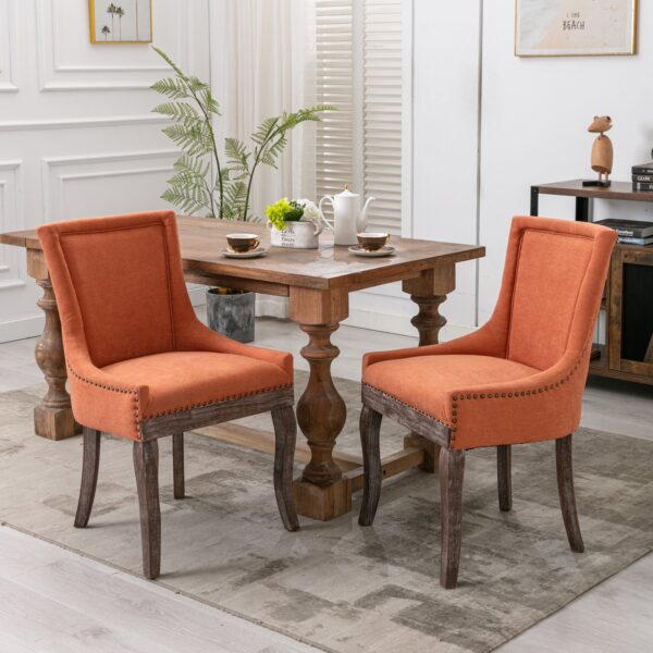 Ultra Side Dining Chair,Thickened Fabric Chairs With Neutrally Toned Solid Wood Legs, Bronze Nail Head (Set of 2) - Orange