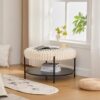 Modern Upholstered Round Ottoman Coffee Table With Storage Shelf And Metal Legs - Beige - Image 4