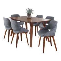 Folia Fabrico - 7 Piece Mid-Century Modern Dining Set - Walnut / Gray